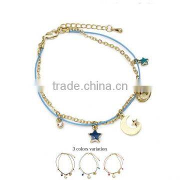 star moon planet tiny rhinestone charms bracelet double layer cotton cord gold chain bracelet