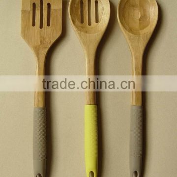 Wood Utensils 3-Pieces Set, Made of Bamboo with Silicone sleeve Handle