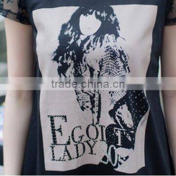 Round Neck Short Sleeve With Chrysanthemum Embroidered Lace Cotton Words Beaded Printed Flower Hem With Mesh Women T-shirt photo-6