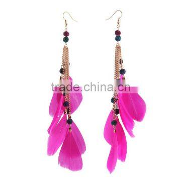 Bohemia style feather long chain earrings fashion feather drop earring dangle beaded earrings