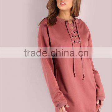 MGOO Ladies Oversized Laced Up Sweatshirt Dress Rose Jumper Crisscross Belt Pullover Hoodies 100% Cotton photo-3