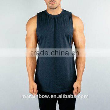 Soft Cotton Elastane Blend Gym Fitted Muscle Tee Fashion Design Cut Off Shirt High Neck Curved Hem Tank Top photo-2