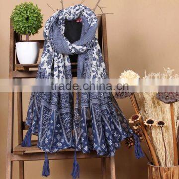 wholesale ladies vintage tropical printed blue cotton scarf