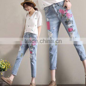 zm11664a Fashion embroidery printing jeans pants women casual trousers