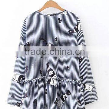 Runwaylover EY2374B Latest Designs Women Formal Blouse Blue Stripe Crane Print Animal Print Drop Shoulder 3/4 Sleeve Blouse photo-4