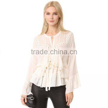2017 OEM Lightweight Lace Trim Hem Wrapped Body Chiffon Blouse photo-5