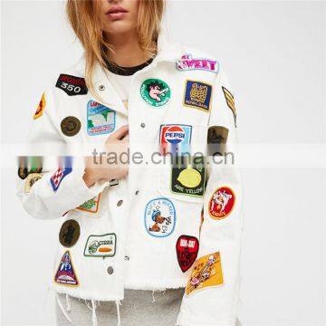 New Trendy Girl Gang Hand-sewn Vintage Patches Cotton Bomber Jacket photo-6