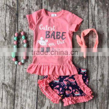 baby girls shorts sets boutique outfit coral cutest babe on the beach crab summer cotton clothes macth with necklace and bow