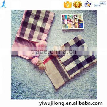 Classic jacquard cashmere checked plaid acrylic long pompom plush ball scarf