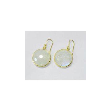 Rainbow Moonstone 18mm Round Bezel Setting Gold Plated Silver Earring photo-3