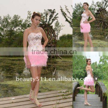 Astergarden Real Photo Pink Beading Short Strapless Feather Dress AS140