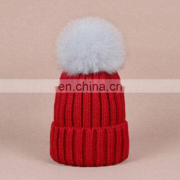 High quality knitting winter hats with handmade blue fox fur ball