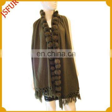 New style women's wool scarf with rabbit fur ball trim wool scarf