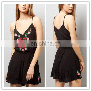 Spaghetti Strap Black Floral Embroidered Jumpsuit Shorts