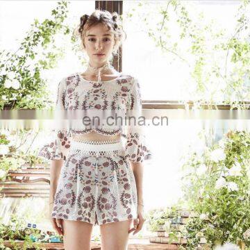 thailand style women top and pant set middle flare sleeve mesh embroidered top short pant set wholesale oem odm drop shipping