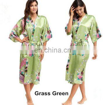 Women's Peacock Print Half Sleeve Silk Kimono Bridesmaid Long Robe Nightgown photo-3
