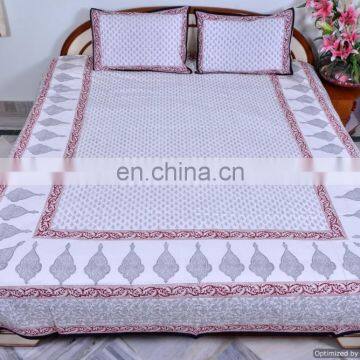 Beautiful Block Printed Bed Sheet Bohemian Pure Cotton Bed Cover With Pillow Cover Queen Size Bedding Set