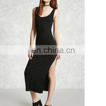 Round neckline Sleeveless Ribbed knit Side-Slit Maxi Dress