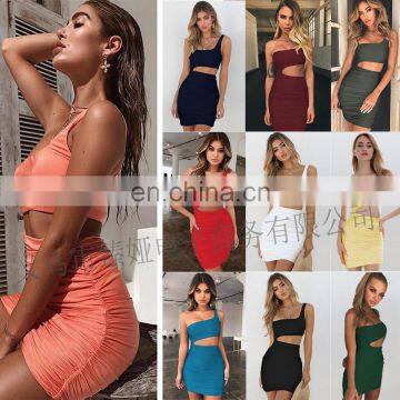 Hot Sales Women Fashion One Shoulder Casual Dresses Ladies Sexy Club Mini Dresses Women Pleated Summer Dresses photo-3