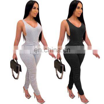 2020 New Arrivals Women Solid Color Jumpsuit Ladies Backless V-Neck Sleeveless Bodysuit Women Pleated Jumpsuit