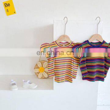 Autumn Baby Girls Colorful Tops Striped Kids Rainbow Tops Casual Solid Puff Sleeve Fashion Wholesale Children Clothing photo-4