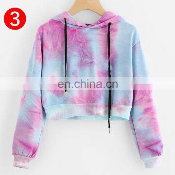 Purple Tie Dye Printing Short Hoodies Sweatshirt Women Casual Drawstring Thin Pullover Autumn Female Girl Long Sleeve Tops