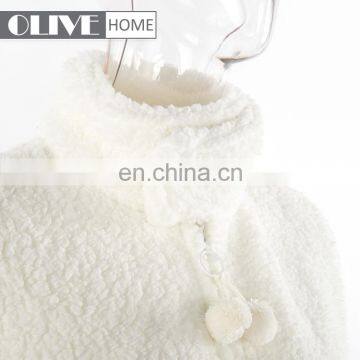 Standing Collar White Super Soft Plush Sherpa Fleece Zipper Bathrobe With Pompom photo-3