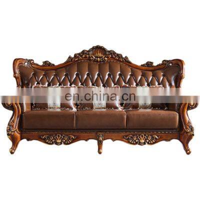 European-style Leather Sofa American Solid Wood Carved Villa Living Room Furniture