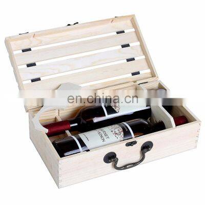 Handmade Vintage Natural Pine Wood Crate 2 Wine Bottle Travel Storage Box Carrying Display Case photo-4