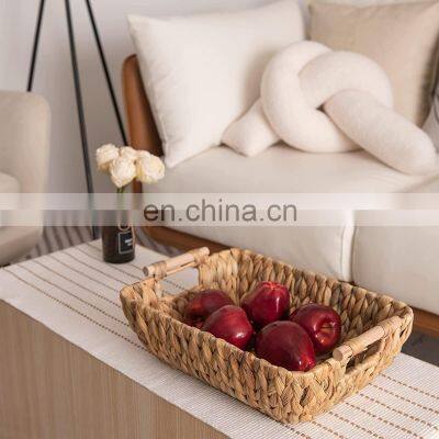 Direct Selling Water Hyacinth Grass Woven Tray Hand-Woven Wicker Baskets, Water Hyacinth Storage Baskets With Wooden Handles photo-5