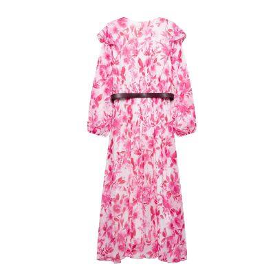 Spring and summer new European and American style women's fashionable temperament long sleeved dress with belt and printed dress