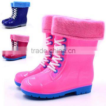 Children winter rain boot with cotton candy color tie false slip drag warm water shoes