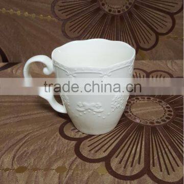 Unique 8 corners and embossed porcelain white mugs with ear shape handle