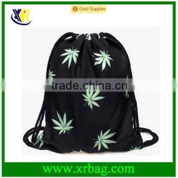 Men's Daypacks Print Green Leaves Hemp Backpack Travel Sports Cotton Canvas Drawstring Bag