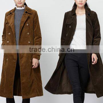 Women's Retro Corduroy Long Style Double Breast Jacket Trench Coat OEM ODM Type Clothes Factory Manufacturer Guangzhou Baiyun