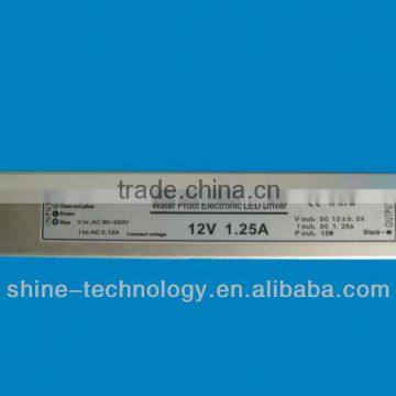 High quality waterproof dc 12v 1.25a led driver 15w ip67 single output power supply