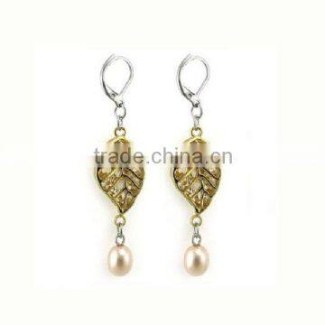 Leaf charms long dangle stainless steel jewelry pearl earrings gold plated freshwater pearl (LE2532)