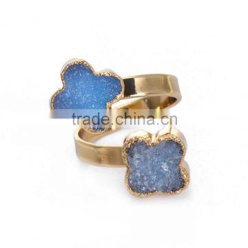 50pcs Wholesale Light Blue Rings new arrival four leaf clover ring doule ring raw stone rings gemstone adjustable rings