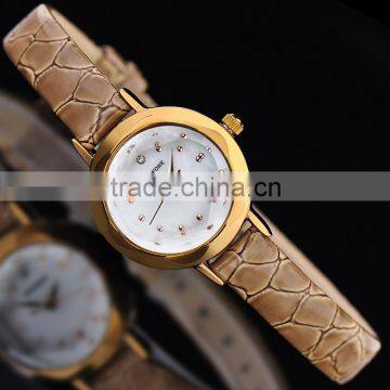 Fashion Lady Flower Dial Genuine Leather White Yellow Brown Pointer 30m Waterproof Lady Wrist Watch