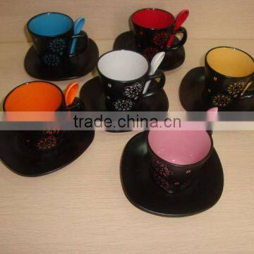 6 Pieces New Stoneware Coffee Mug Set With Saucer And Spoon