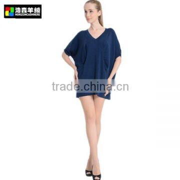 V Neck Short Sleeve Blue Pullover, Plain Bat Sleeve Cashmere Pullover