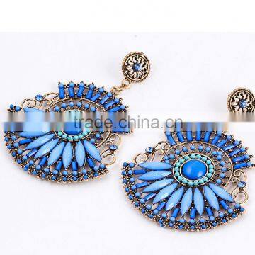 Alloy plating big vintage drop earrings blue rhinestone ethnic trend jewelry 2016 X64