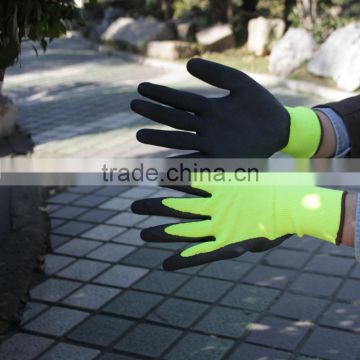 NMSAFETY EN388 HI-viz green nylon liner coated black foam latex on plam / Wroking gloves/protective gloves