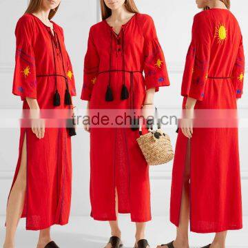 Boho Red Embroidered Cotton Long Balloon Sleeve Maxi Dress Hand Mexican Embroidered Dress long dress chiffon new style HSD5844