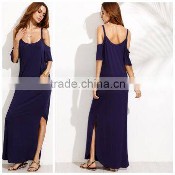 Woman Navy Pocket Cold Shoulder Split Maxi Dress