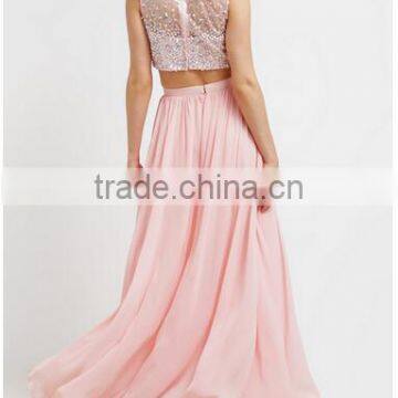 2017 Fashion Long Maxi Dresses Sleeveless Two Piece Set Long Skirts and Beaded Tops for Girls Party Wear Dress photo-3