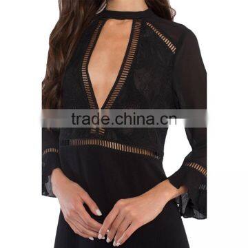 HAODUOYI Sexy Soild Black Women Dress Butterfuly Long Sleeve Lace Stitching Hollow Out Deep V-neck Vestidos for Wholesale photo-2