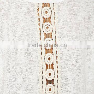 Decorative Lace Panel on Back White Blank Slub Long Sleeve Crewneck Sweater photo-4