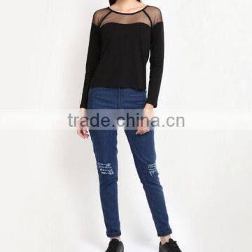 Two-color Long Sleeve T-shirt Skin Tight t Shirt With Net Design photo-6