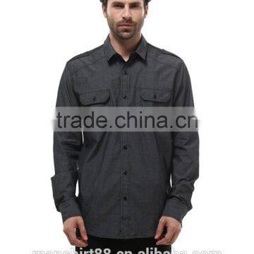 Mens Grey Twill Chambray Long Sleeve Button Casual Dress Shirts Classic Fit photo-3